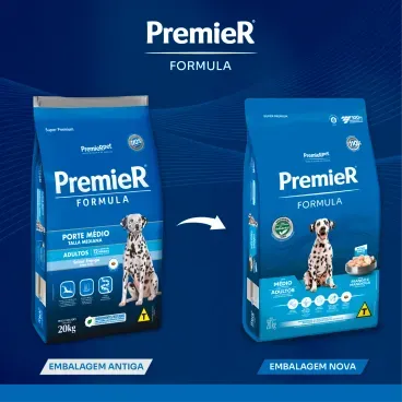 Nova embalagem Racao Premier Formula Caes Adultos Racas Medias Frango
